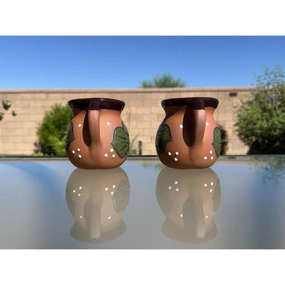 2 Mexican Clay Pottery Coffee Mug Hand Painted Jarrito Barro Sunflower Glaze